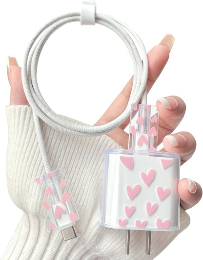 Lovmooful Compatible for iPhone 18W/20W USB-C Charger Cover Clear Lovely Love Heart Design Soft Charger Protector Cute Cable Case Saver Protector for Girls Women-Pink Heart