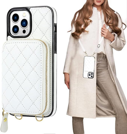 Bocasal Crossbody Wallet Case for iPhone 13 Pro Max, RFID Blocking PU Leather Zipper Handbag Purse Flip Cover, Kickstand Folio Case with Card Slots Holder Wrist Strap Lanyard 5G 6.7 Inch (White)