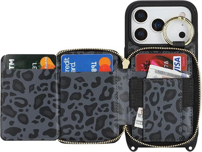 Crossbody Wallet Case for iPhone 17 Pro, PU Leather Zipper Handbag Purse Flip Cover, Kickstand Folio Case with Card Slots Holder Wrist Strap Lanyard 5G 6.3 Inch-Black Leopard