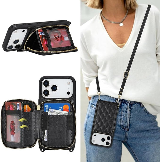 Crossbody Wallet Case for iPhone 17 Pro, PU Leather Zipper Handbag Purse Flip Cover, Kickstand Folio Case with Card Slots Holder Wrist Strap Lanyard 5G 6.3 Inch-Black
