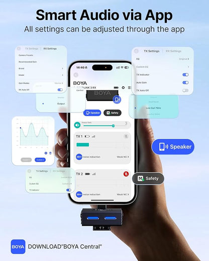 BOYA BOYALINK 3 Wireless Lavalier Mini Microphones for iPhone 15-16/Android/PC/Camera,AI Noise Cancellation,48kHz/24Bit Studio Sound,APP Control,984ft 30h Battery with Charging Case for Vlog Interview