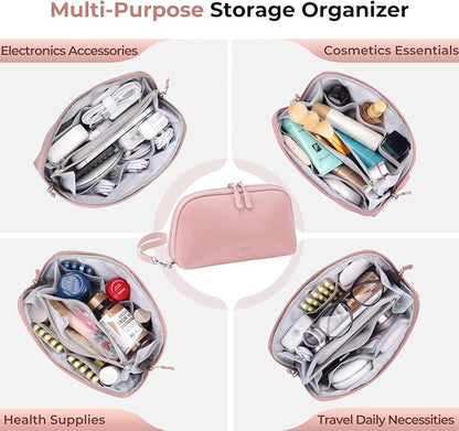 FYY Travel Cable Organizer - 8 Compartments, Lightweight, Water Repellent | With Wrist Strap, Portable Tech Pouch for Cord Charger, Travel and Business Trips Use, Soft Shell Nylon, Pink (Large)