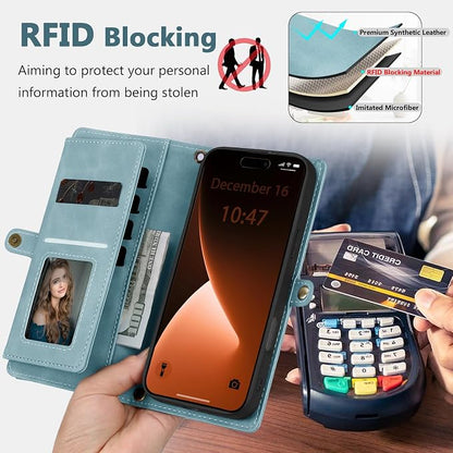 Wallet Case for iPhone 15 Pro with Card Holder/Crossbody Wallet/Strap| RFID Blocking | Magnetic | Kickstand | Detachable | PU Leather Phone Case for iPhone 15 Pro,6.1 in,Blue