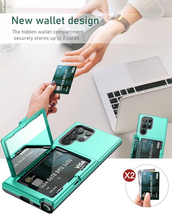 WeLoveCase Samsung Galaxy S22 Ultra Case Wallet Case with Credit Card Holder & Hidden Mirror, All-Round Protection Shockproof Phone Cover Designed for Samsung Galaxy S22 Ultra, 6.8 inch Mint Green