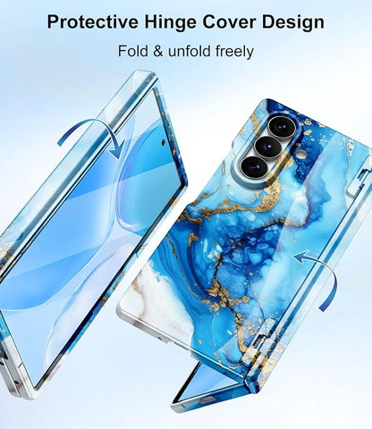 Btscase for Samsung Galaxy Z Fold 7 Case,Built in Front Screen Protector,Gold Glitter Marble Pattern Hard PC Slim Shockproof Full Body Drop Protective Case for Galaxy Z Fold 7 5G, Blue