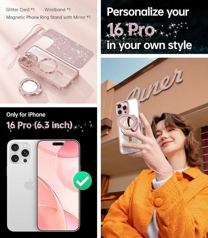 Meifigno Magnetic Case with Removable Phone Ring Stand for iPhone 16 Pro, [Glitter Card & Wrist Strap] [MagSafe Compatible] [Built in Mirror] Magnetic Phone Ring Holder + 16 Pro Case Kit, Rose Gold