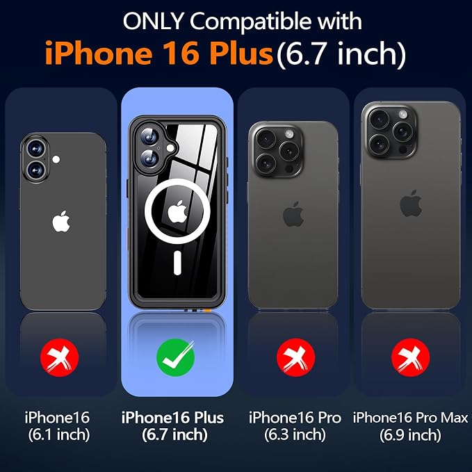 xiwxi for iPhone 16 Plus Case Waterproof,[IP68 Underwater][Built-in Screen Protector & Camera Protector][15FT Military Dropproof][Dustproof] Full Body Shockproof Protective Phone Case 6.7" Black