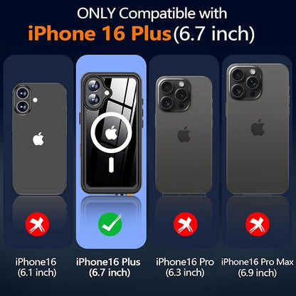 xiwxi for iPhone 16 Plus Case Waterproof,[IP68 Underwater][Built-in Screen Protector & Camera Protector][15FT Military Dropproof][Dustproof] Full Body Shockproof Protective Phone Case 6.7" Black