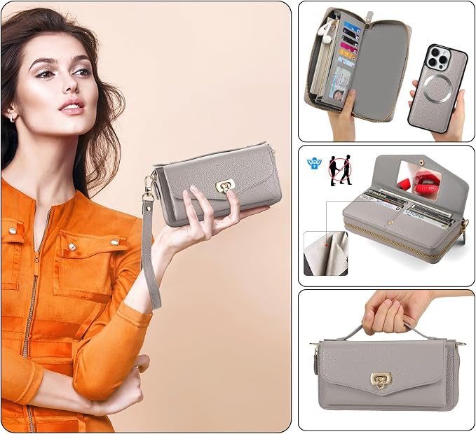 Crossbody Wallet Case for iPhone 16 Pro 6.3", Magnetic Detachable Floral PU Leather Phone Case with RFID Blocking Card Holder Wristlet Mirror Flip Zipper Shoulder Purse Bag for Women - Gray