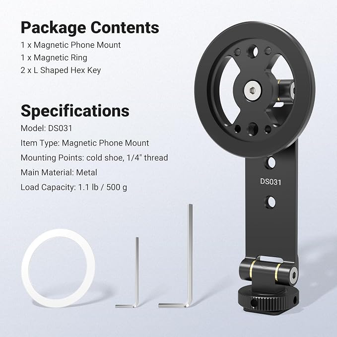 NEEWER Magnetic Phone Tripod Mount Compatible with MagSafe iPhone Samsung, Metal Adjustable Rotatable Cellphone Holder Adapter w/Cold Shoe for Tripod Mounting Camera Monitoring Video Recording, DS031