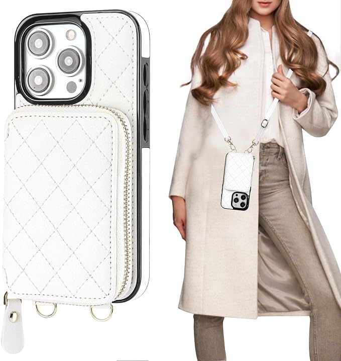 Bocasal Crossbody Wallet Case for iPhone 15 Pro, RFID Blocking PU Leather Zipper Handbag Purse Flip Cover, Kickstand Folio Case with Card Slots Holder Wrist Strap Lanyard 5G 6.1 Inch (White)