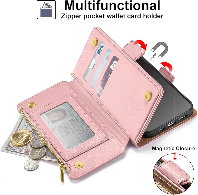 Antsturdy Compatible with iPhone 15 Wallet Case Card Holder【RFID Blocking】 PU Leather Phone Case Women Men flip Protective Cover Wrist Strap Zipper Credit Card Slots,for Apple 15 6.1",Pink