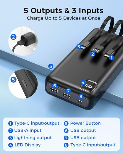 50000mAh Portable Charger, PD 22.5W Fast Charging Power Bank with Built in Cables, USB-C External Battery Pack for iPhone 17 16 15 14 Samsung Pixel Android iPad