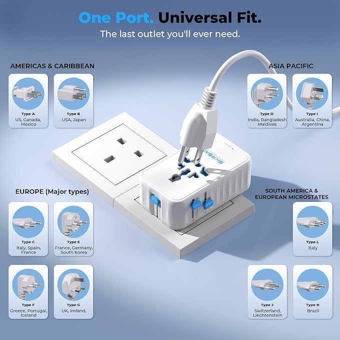 Aura Ultra-Thin International Travel Adapter PD 25W, Minimalist 36mm Slim 6-Port Charger with Smart Temperature Control, Universal Power Plug for Home & Trip, 200+ Countries (Arctic White)