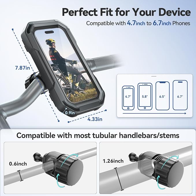 KDD Waterproof Bike Phone Holder - 360 Rotation Motorcycle Phone Mount, Fully Enclosed Touch Sensitive Design, Bicycle Phone Clamp Compatible with iPhone 16 Pro Max/15/14/13/12,4-6.7” Phones