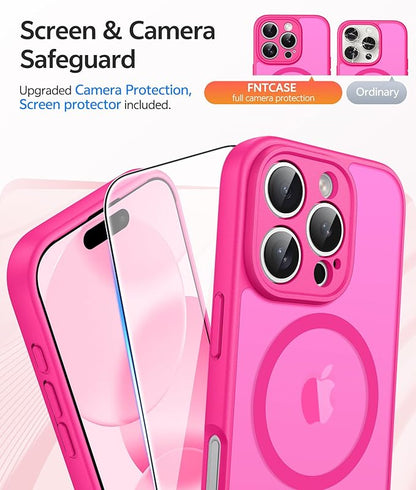 FNTCASE for iPhone 16 Pro Max Case: [Compatible with Magsafe] Translucent Matte Cases with [Full Camera Protection] [Screen Protector] Military Grade Shockproof Protective Phone Cover - Hot Pink