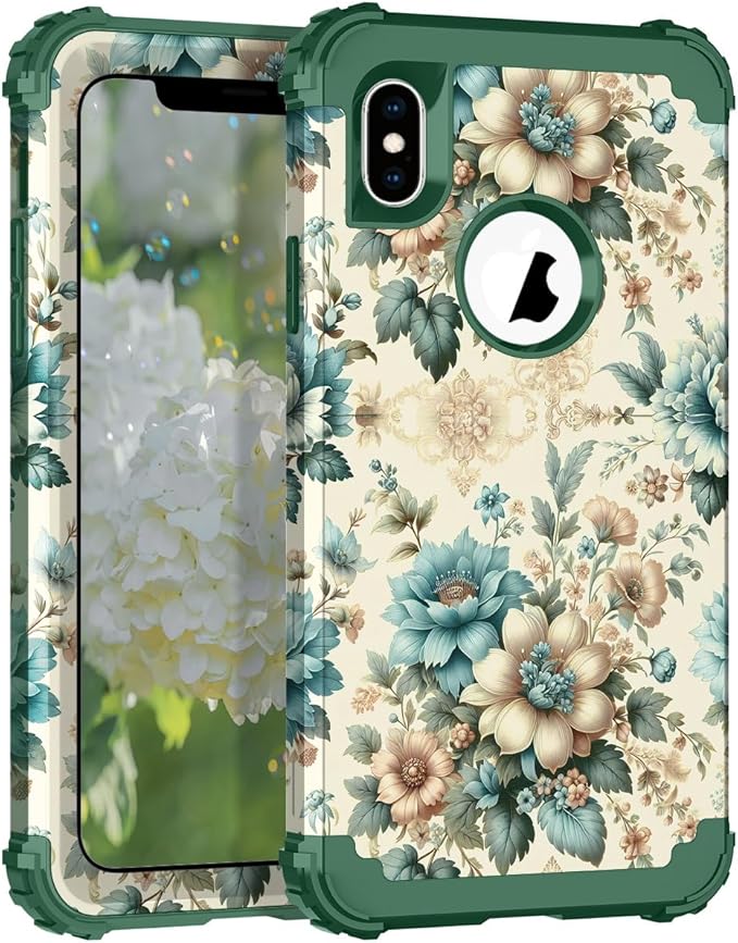 Hocase for iPhone Xs Max Case, Heavy Duty Shockproof Protection Soft Silicone Rubber+Hard Plastic Bumpers Hybrid Protective Case for iPhone Xs Max (6.5") 2018 - Teal Blue Flowers
