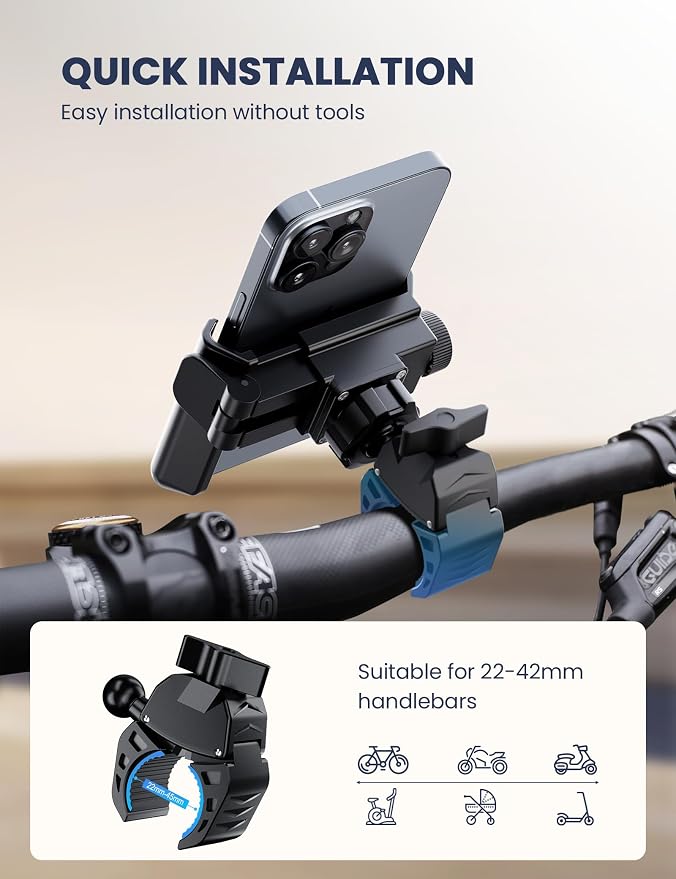 Grefay Bike Phone Holder Motorcycle Phone Holder 1S Quick Release& 360° Rotation Bike Phone Mount, Universal Motorbike Bicycle Phone Holder for iPhone 17/16/15/14 Pro Max, 3.5-7.0 Inch Smartphones