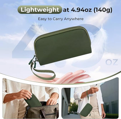FYY Travel Cable Organizer - 8 Compartments, Lightweight, Water Repellent | With Wrist Strap, Portable Tech Pouch for Cord Charger, Travel and Business Trips Use, Soft Shell Nylon, Green (Large)