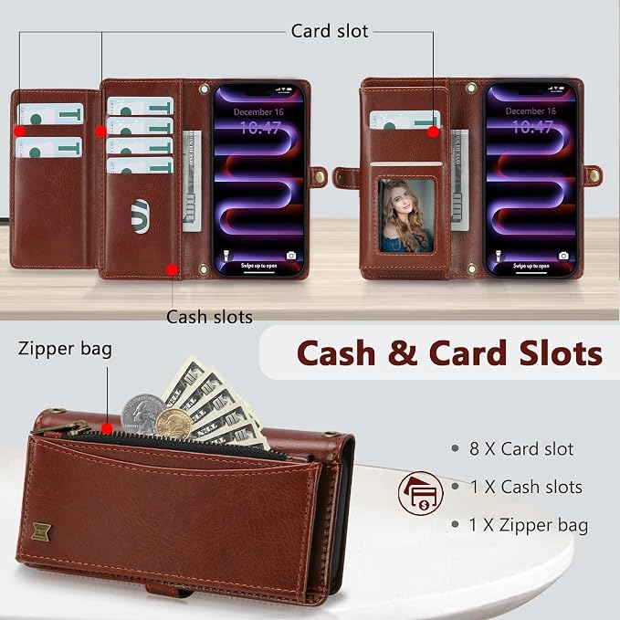 Wallet Case for iPhone 16 Pro Max with Card Holder/Crossbody Wallet/Strap| RFID Blocking | Magnetic | Kickstand | Detachable | PU Leather Phone Case for iPhone 16 Pro Max,6.9 in,Brown