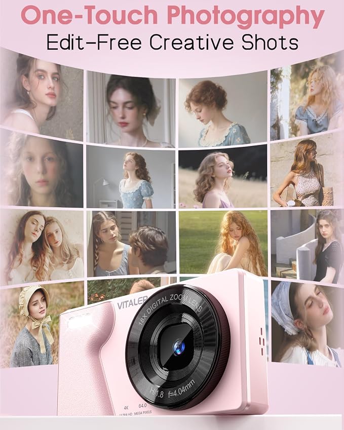 Digital Camera with Front Rear Lens, Autofocus 64MP 4K Camera for Photography with 32GB Card, Portable Compact Point and Shoot Camera for Teens Adult Beginner with Metal Shell, 2000mAh Battery