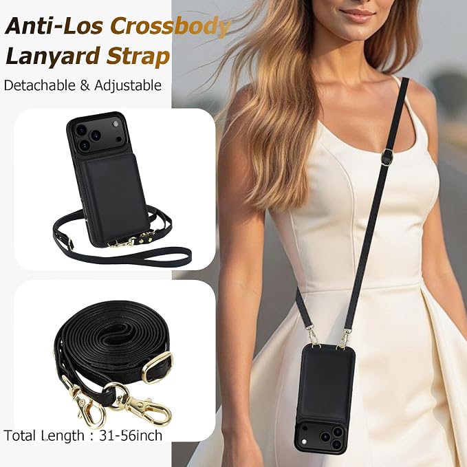 LOHASIC for iPhone 17 Pro Case Wallet with Detachable Crossbody Strap & Wrist Lanyard, RFID Blocking, 4 Card Slots 2 Cash Pockets, Vegan Leather Case with Card Holder for Women Girls, Black
