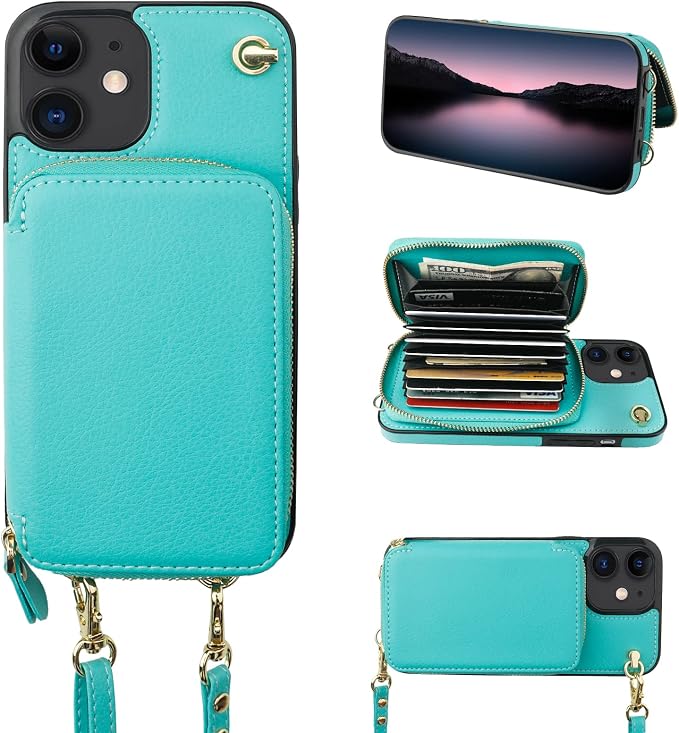 Bocasal Crossbody Wallet Case for iPhone 12/12 Pro, RFID Blocking Leather Purse Case with Card Holder, Protective Handbag Flip Cover with Zipper Wrist Strap Lanyard for Women 5G 6.1 Inch (Mint Green)