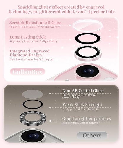 GolbinBox Camera Lens Protector for iPhone 15/15 Plus, 1:1 Invisible Fit, 9H Tempered Glass Ultra HD Metal Individual Camera Cover for Women, Case Friendly, Bling/Pink