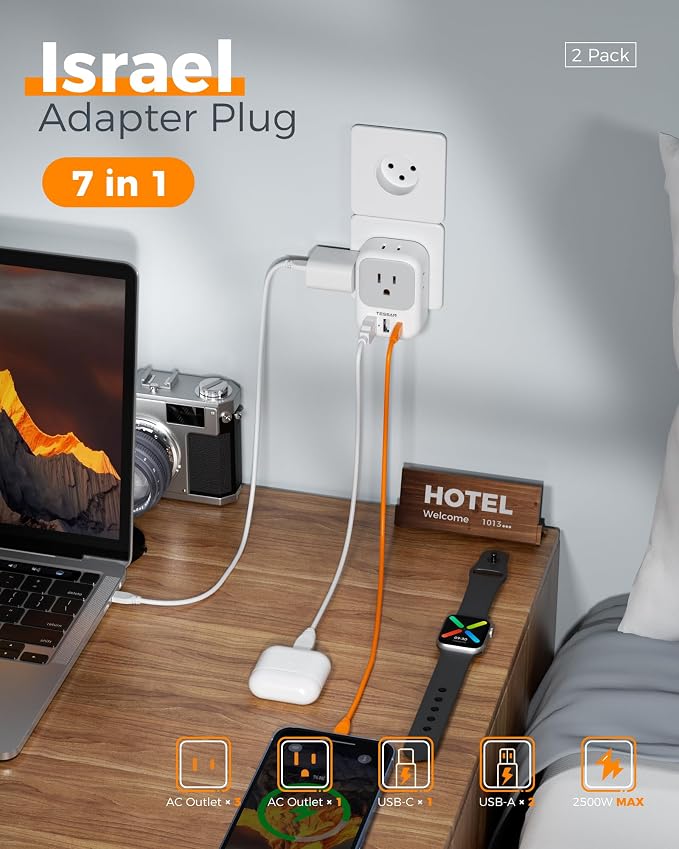 TESSAN Israel Adapter Plug, 2 Pack, Type H Travel Adaptor | US to Israel Power Adapter, 3 USB Ports (1 USB C Port), 4 American Outlets, Type H Travel Adaptor for USA to Jerusalem