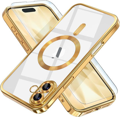 Misea Magnetic for iPhone 17 Case Compatible with MagSafe [Never Yellowing] [Military Grade Drop Protection] Full Camera Lens Protector Plating Soft Clear Phone Case for Women, Gold