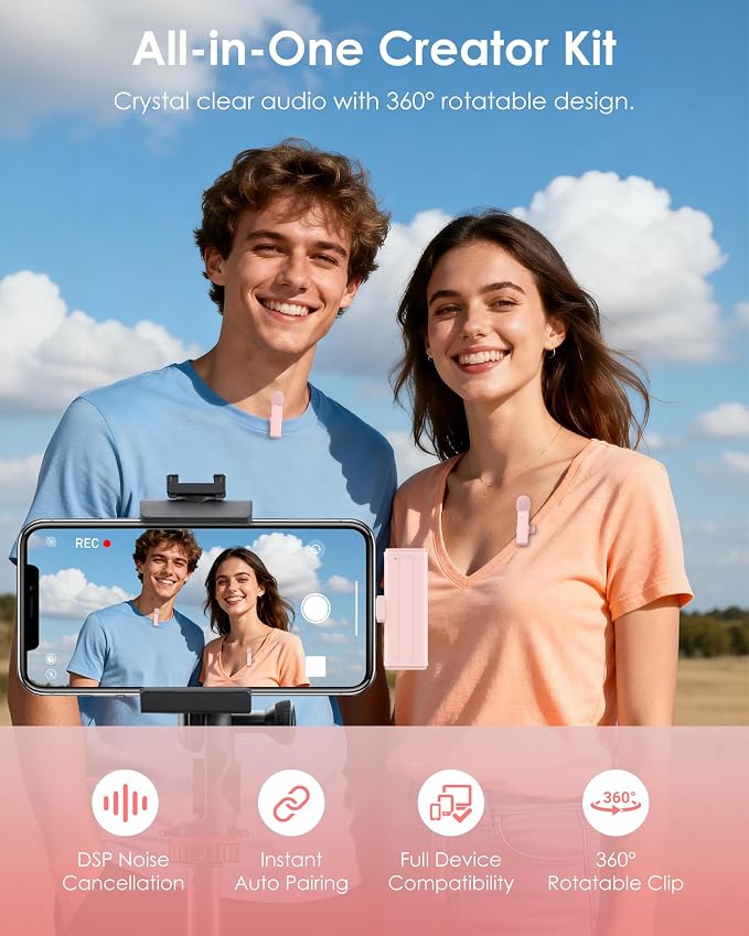 Wireless Mini Microphone for iPhone, iPad, Android, 2 Pack Lavalier Mic with 360° Rotatable Clip, Plug and Play Noise Reduction USB-C Mic for Video Recording YouTube TikTok Content Creators, Pink
