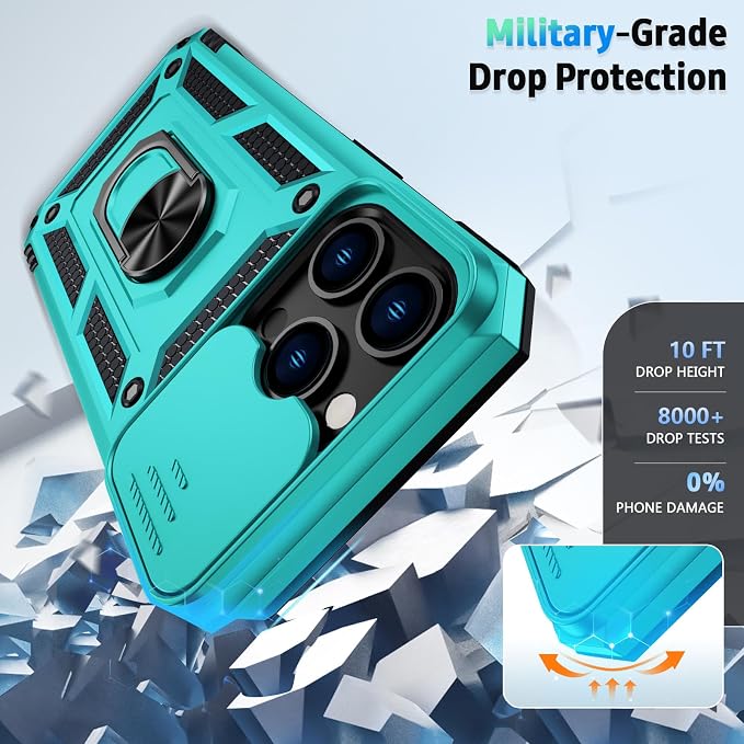 Vinve for iPhone 14 Pro Max Case with Slide Lens Cover HD Screen Protector, Military Grade Drop Protection, Magnetic Rotated Ring Holder Kickstand Protective Phone Case (Ice Green)
