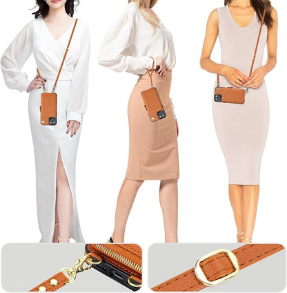 Bocasal for MagSafe Crossbody Wallet Case Compatible with iPhone 15, RFID Blocking Protective Purse Case with Card Slots Holder Kickstand Wrist Strap Lanyard Zipper 6.1 Inch 5G (Brown)