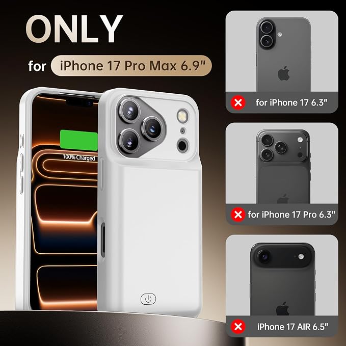 GIN FOXI Battery Case for iPhone 17 Pro Max, Charging Case Charger 8500mAh Ultra-Slim Lightweight Powerful Battery Pack 15W Fast Rechargeable Anti-Fall TPU Juice Box for 17 Pro Max (6.9") Grey