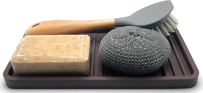 Happitasa Silicone Kitchen Sink Organizer Tray, Sponge Holder and Countertop Protector | Bathroom and Kitchen Soap Dish and Dispenser Tray (Dark Chocolate, 10"x5.25", 10.4 Ounces)