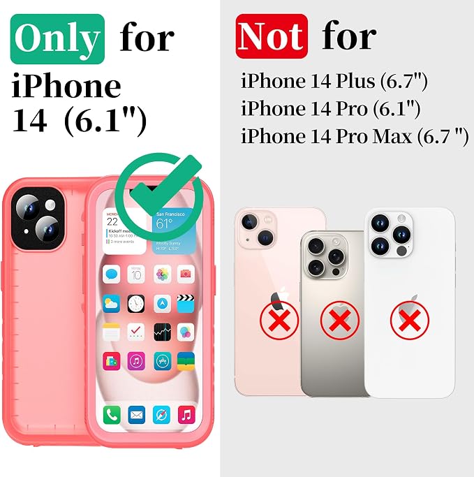 Cozycase Compatible with iPhone 14 Waterproof Case - Full Body Shockproof Dustproof Dropproof Built in Screen Protector Rugged Waterproof Case for iPhone 14 6.1 Inch Pink