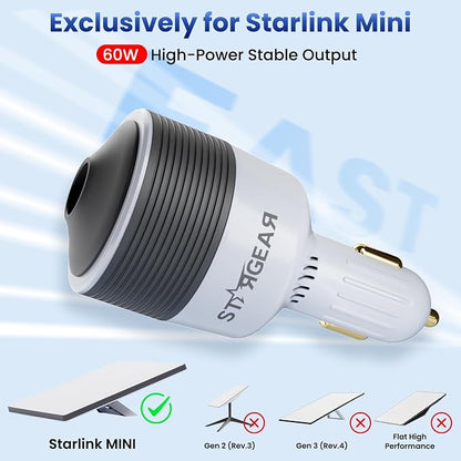 Starlink Mini Car Adapter 12V to 24V DC Step Up Converter with 60W Car Cigarette Lighter Adapter, Starlink Mini 12V Adapters Supports 16 AWG Official 30M, Ideal for RV, Boat, Trailer