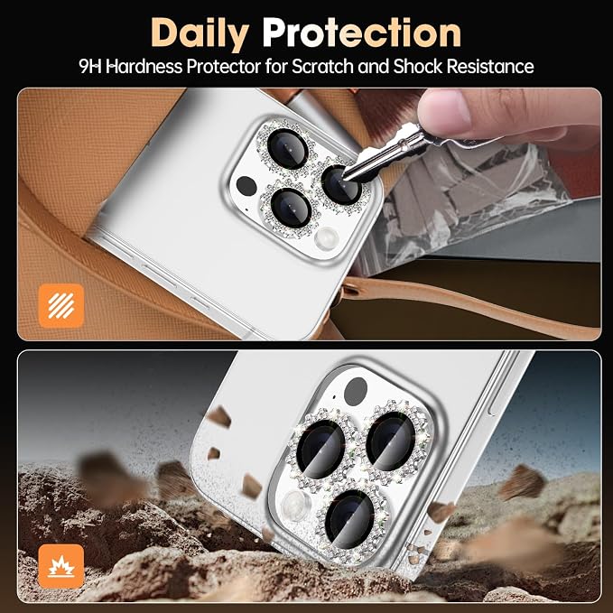 Xfilm for iPhone 16 Pro/16 Pro Max Camera Lens Protector Bling Individual Gear Design Diamond Ring 9H Hardness Scratchproof Protector, Stylish Phone Accessories, Case Friendly (Silver)