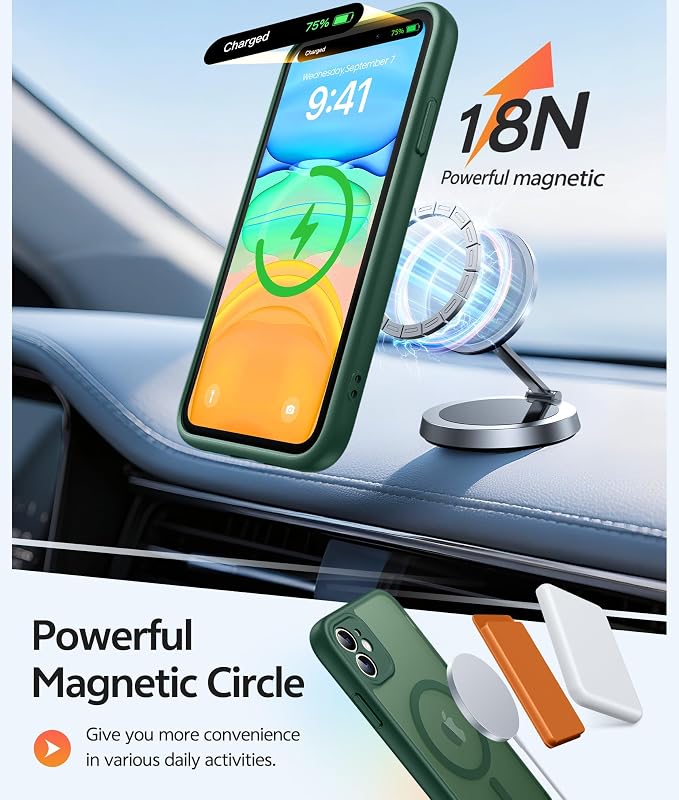 FNTCASE for iPhone 11 Case: [Compatible with Magsafe] Translucent Matte Magnetic Cases [Full Camera Protection] Military Grade Shockproof Protective Phone Cover - Green