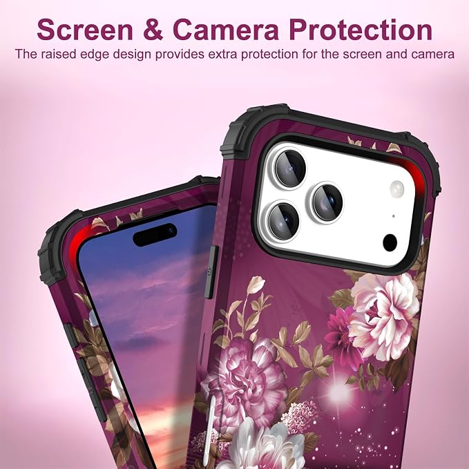 Hocase for iPhone 17 Pro Max Case, Heavy Duty Shockproof Protection Soft Silicone Rubber+Hard Plastic Bumpers Hybrid Protective Case for iPhone 17 Pro Max 2025 - Royal Purple Flowers