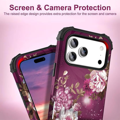 Hocase for iPhone 17 Pro Case 6.3", Heavy Duty Shockproof Protection Soft Silicone Rubber+Hard Plastic Bumpers Hybrid Protective Case for iPhone 17 Pro 2025 - Royal Purple Flowers