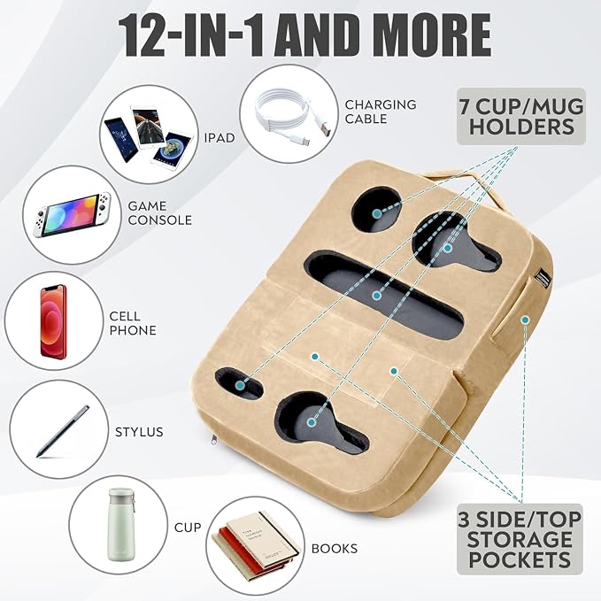 TabCouchCaddy - Couch Cup Holder Tray Pillow - Bed, Couch Caddy, Sofa, RV & Car - Holds Drinks, Snacks, Remotes, Phones, Kindle, Tablet | Bed Cup Holder (Beige)