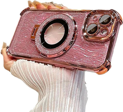 for iPhone Four Corners Airbag Drop Protection Magnetic Stand Case, Water Ripple Phone Case, for iPhone 16/15/14/13/12/11Pro Max (Pink,for iPhone 16)