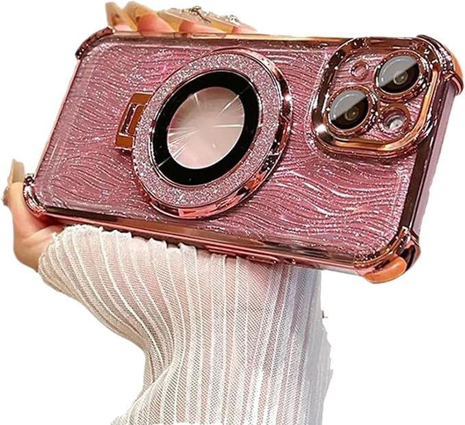 for iPhone Four Corners Airbag Drop Protection Magnetic Stand Case, Water Ripple Phone Case, for iPhone 16/15/14/13/12/11Pro Max (Pink,for iPhone 13Promax)