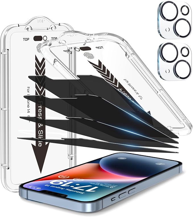 EZ-GLAZ- 4 Pack for iPhone 14 Privacy Screen Protector[6.1"] With 2 Pack Camera Lens Protector, [Drop Protection] 9H Hardness Full Coverage Anti-Spy Tempered Glass Film, Easy to install