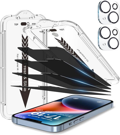 EZ-GLAZ- 4 Pack for iPhone 14 Privacy Screen Protector[6.1"] With 2 Pack Camera Lens Protector, [Drop Protection] 9H Hardness Full Coverage Anti-Spy Tempered Glass Film, Easy to install