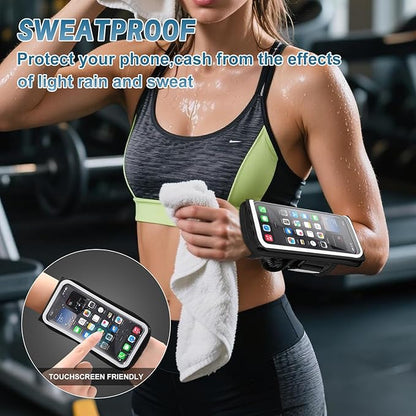 Running Armband Phone Holder for iPhone 17/16/15/14/13/XR Pro Max Plus,Forearm Wristband Adjustable with Card Slot Sport Arm Bag for Cycle Gym Sweatproof Jogging Accessories Workout Armbands