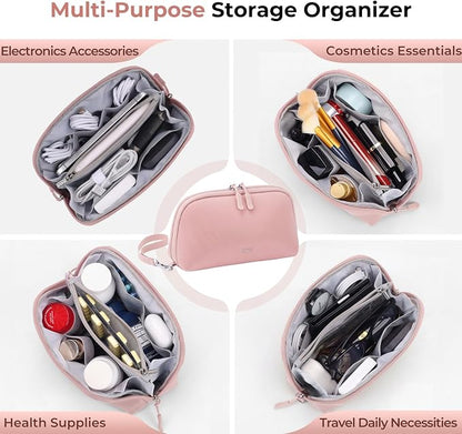 FYY Travel Cable Organizer - 8 Compartments, Lightweight, Water Repellent | With Wrist Strap, Portable Tech Pouch for Cord Charger, Travel and Business Trips Use, Soft Shell Nylon, Pink (Small)