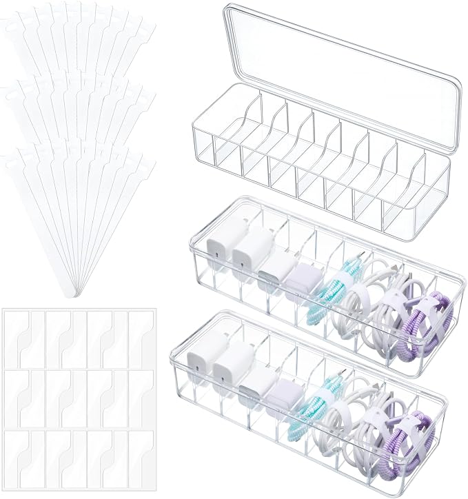 3 Pcs Cord Organizer Box with Lid, 10.8 x 3.7 x 2.4 Inch Clear Plastic Cable Organizer Box with 30 Cable Ties Adjustable Charger Storage Boxs for Home, Office, Drawer, Desktop Organization