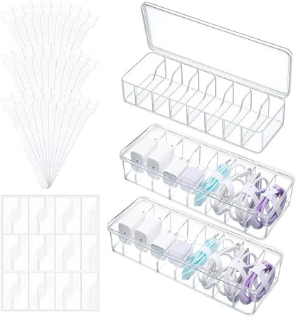3 Pcs Cord Organizer Box with Lid, 10.8 x 3.7 x 2.4 Inch Clear Plastic Cable Organizer Box with 30 Cable Ties Adjustable Charger Storage Boxs for Home, Office, Drawer, Desktop Organization